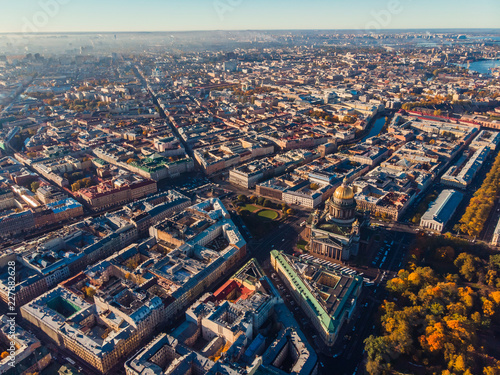 Urban landscape of Saint-Petersburg. Air view St. Isaac Cathedral  streets and water canals .