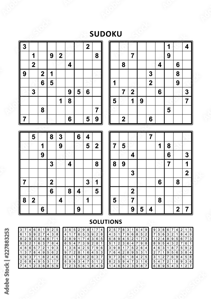 four sudoku puzzles of comfortable easy yet not very easy level on a4 or letter sized page with margins suitable for large print books answers included set 15 stock vector adobe stock