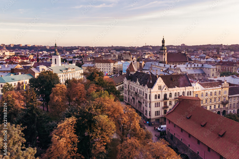 Obraz premium aerial view of sunset above european city