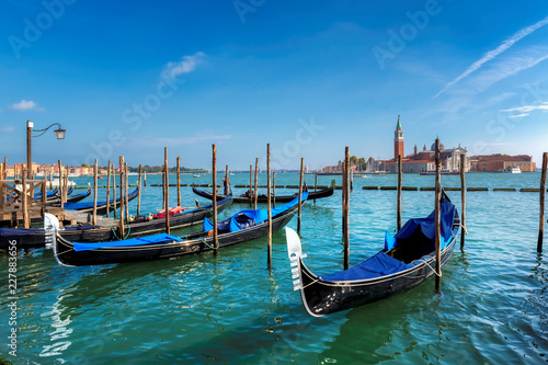 Venice gondolas on San Marco square at sunny day, Venice, Italy. 