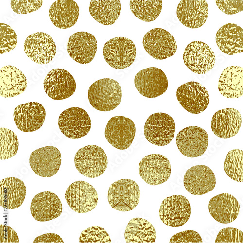 Golden circles . Bronze Polka dot. Gold glitter round background for the card, invitation. Copper Holiday Decorative element. Illustration of falling shiny particles on white background.