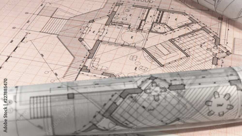 Blueprints - rolls of architectural drawings smoothly rotate on the surface of the architectural plan of a modern house / seamless looping Blueprints - rolls of architectural drawings smoothly rotate on the surface of the architectural plan of a modern house / seamless looping