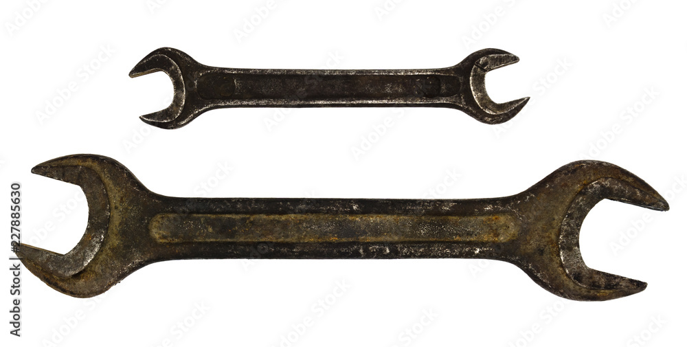 Old rusty spanners isolated on white background. wrench close up