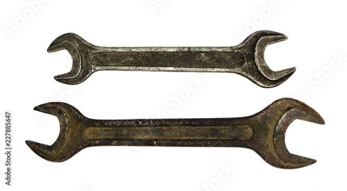 Old rusty spanners isolated on white background. wrench close up