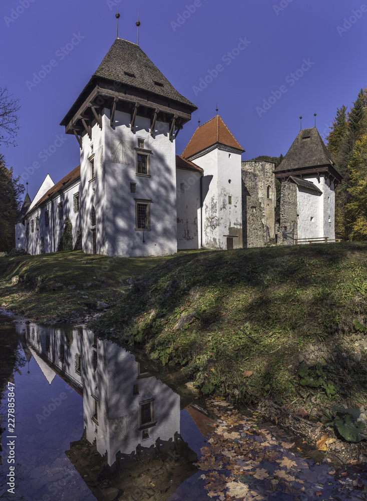 Zice Carthusian Monastery (Charterhouse) and its reflection in water, Slovenia