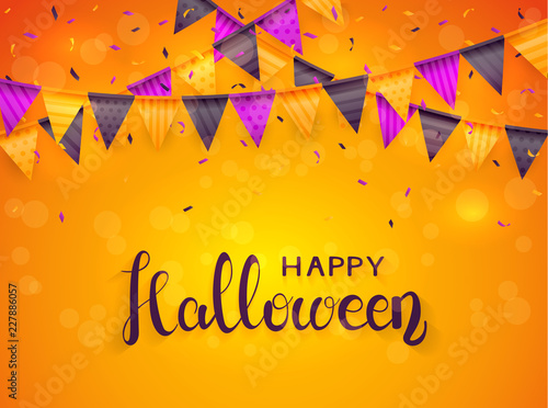 Happy Halloween with Pennants and Confetti on Orange Background