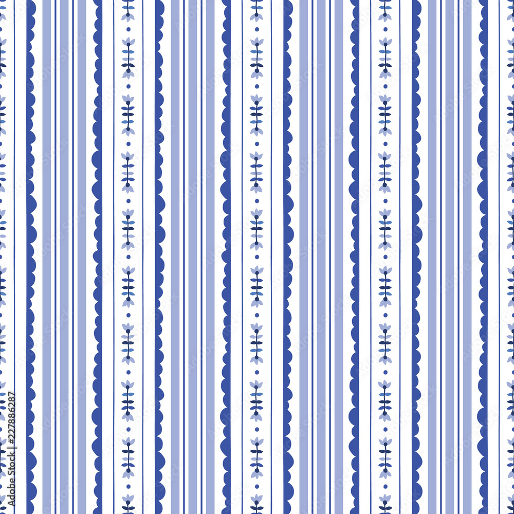 Blue and White Floral Stripes Background Vector Seamless Pattern. Modern Classic Geometric pattern. Monochrome Flowers Blue and White Floral Stripes Background Vector Seamless Pattern. Modern Classic Geometric pattern. Monochrome Flowers