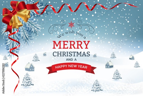 New year and Christmas greetings design. Winter holidays landscape. Background with snowflakes christmas tree and houses. 