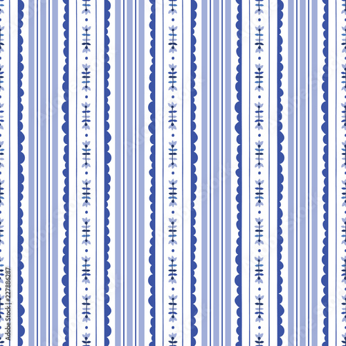 Blue and White Floral Stripes Background Vector Seamless Pattern. Modern Classic Geometric pattern. Monochrome Flowers