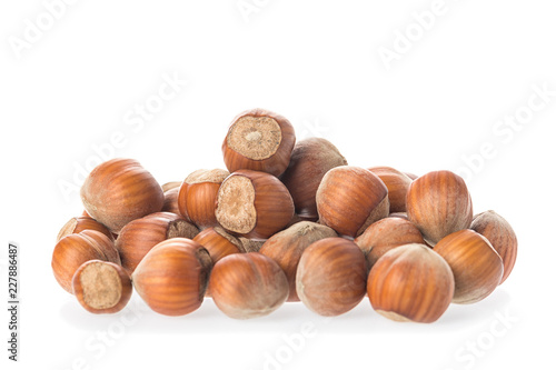Fresh organic hazelnuts collection isolated on white background. Close up filbert image.