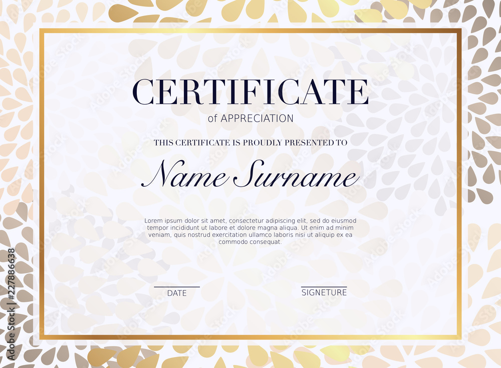 Certificate template with golden decoration element. Design diploma graduation, award. Vector illustration. Certificate template with golden decoration element. Design diploma graduation, award. Vector illustration.