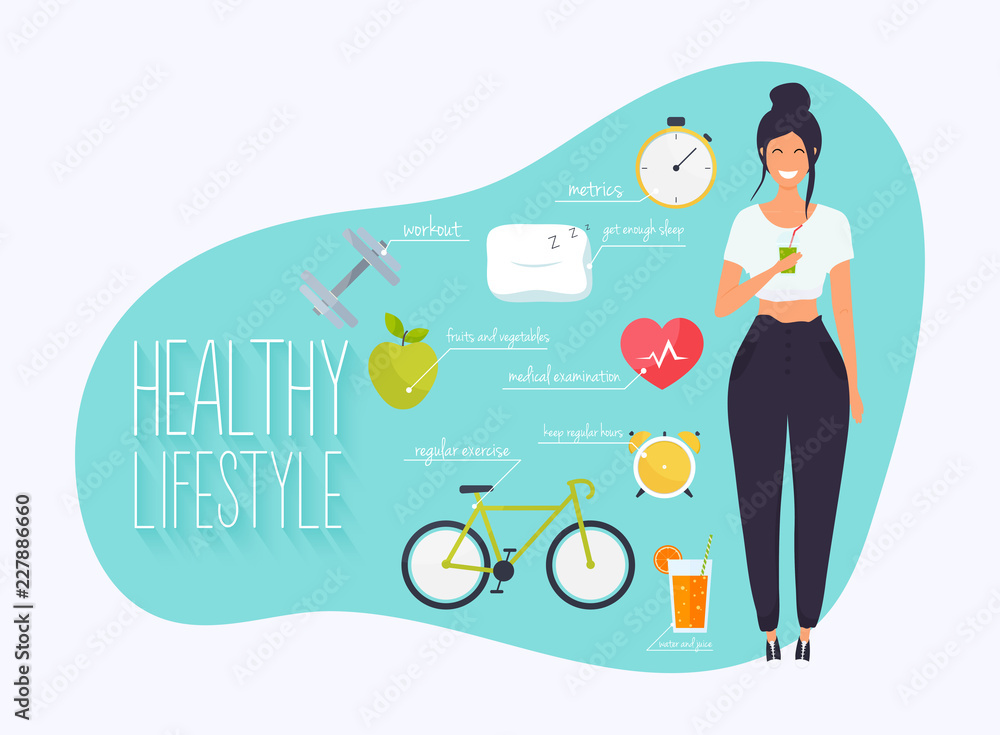 Concept of healthy lifestyle infographics. Young woman lead a healthy  lifestyle. Icons for web: fitness, healthy food and metrics. Flat design  vector illustration. Stock Vector | Adobe Stock