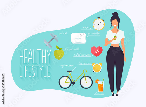 Concept of healthy lifestyle infographics. Young woman lead a healthy lifestyle. Icons for web: fitness, healthy food and metrics. Flat design vector illustration.