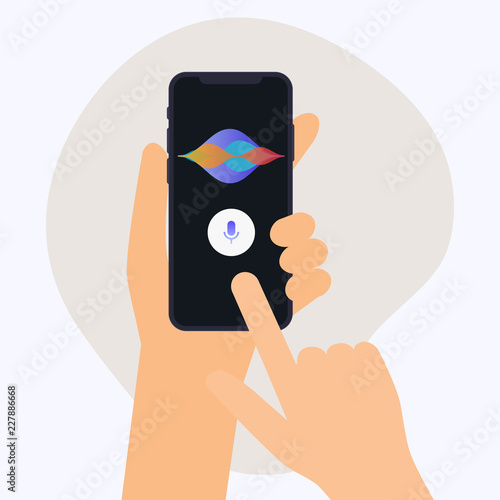 Hand holding mobile smart phone with digital voice assistant. Flat design modern vector illustration concept. photo