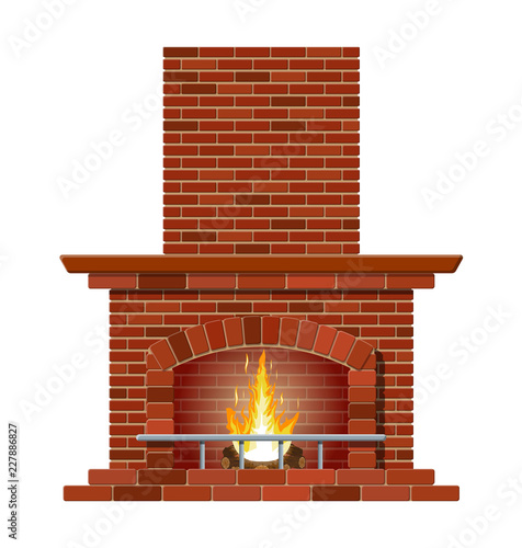 Winter interior bonfire. Fireplace made of bricks