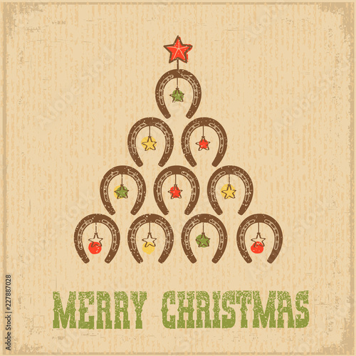 Western Christmas greeting card with Horseshoe Cowboy Christmas Tree