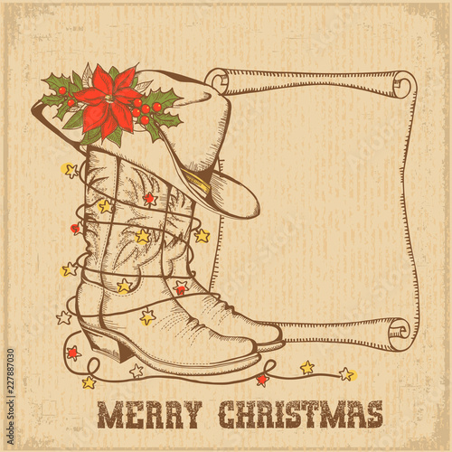 Western Christmas greeting card with cowboy traditional boots and scroll