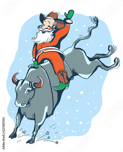 Cowboy Santa on the Rodeo.Western rodeo bull riding color illustration