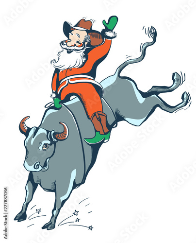 Cowboy Santa on the Rodeo.Western rodeo bull riding color illustration