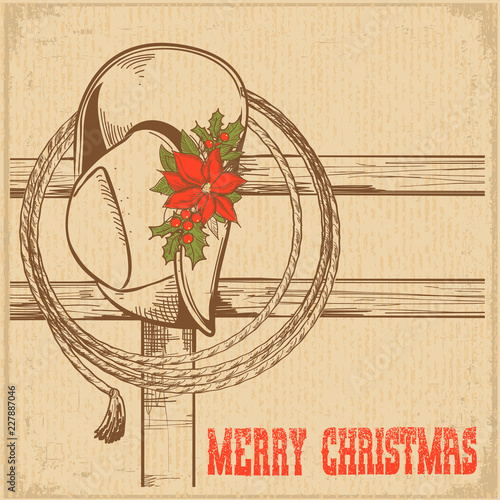 Western Christmas greeting card with traditional cowboy hat