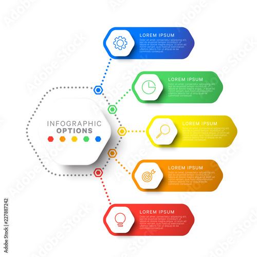five steps design layout infographic template with hexagonal elements. business process diagram for brochure, banner, annual report and presentation