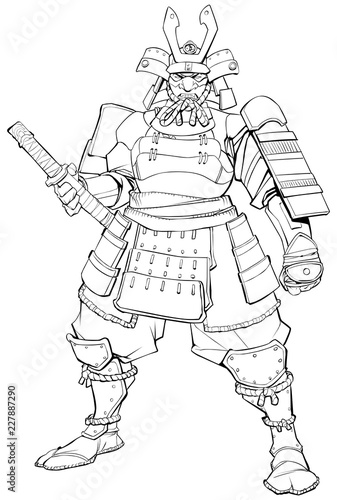 Line art illustration of powerful Samurai warrior. 