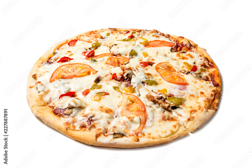 Fresh tasty pizza with tomatoes, olives, cheese, sausage and mushrooms isolated on white background.