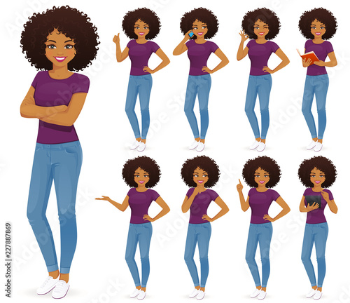 African woman in jeans set with afro hairstyle and different gestures isolated
