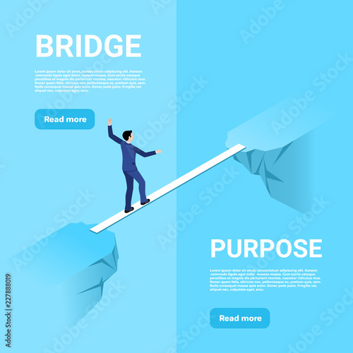isometric image on a blue background, a man in a business suit walks along a thin bridge through the gap between the rocks, to overcome obstacles