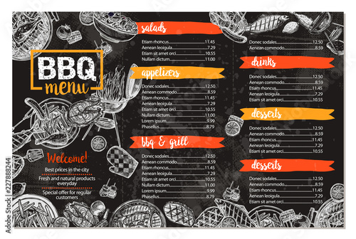 Barbecue Restaurant Menu. Template Design Of Bbq Brochure In Sketch Style On Chalkboard