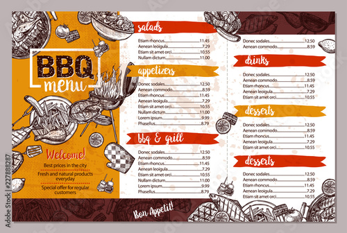 Barbecue Restaurant Menu. Template Design Of Bbq Brochure In Sketch Style