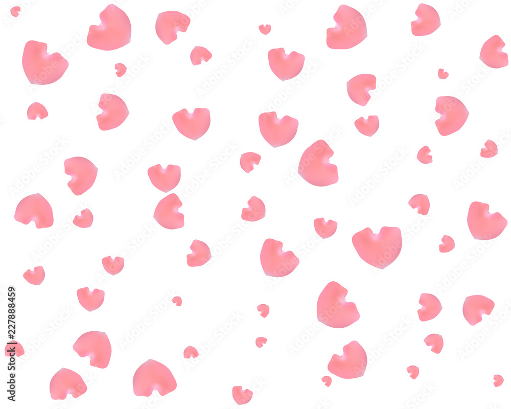 Pink rose petals. Floral background. The shape of a heart. Valentines day. Vector illustration.