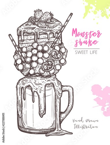 Sketch Of Sweet Freak And Crazy Milkshakes. Dessert Monstershakes In Hand Drawn Vector Style
