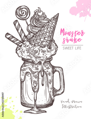Sketch Of Sweet Freak And Crazy Milkshakes. Dessert Monstershakes In Hand Drawn Vector Style
