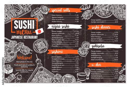 Sushi And Japanese Food Restaurant Menu In Sketch Hand Drawn Style On Chalkboard