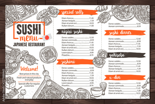Sushi And Japanese Food Restaurant Menu In Sketch Hand Drawn Style