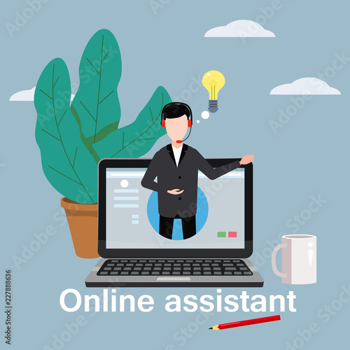 Concept online assistant, customer and operator, call centre, online global technical support 24-7. Vector illustration male hotline operator advises client, virtual help service.