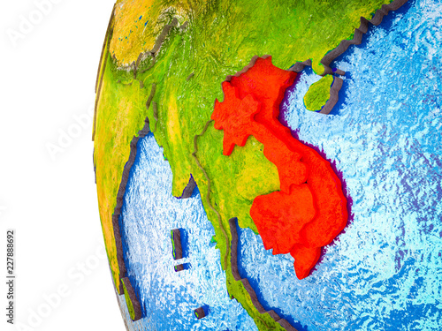 Indochina highlighted on 3D Earth with visible countries and watery oceans.
