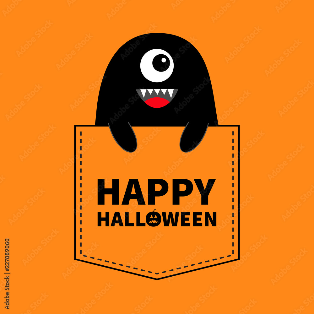Happy Halloween. Black monster silhouette in the pocket. Holding hands. Cute cartoon scary funny character. Baby collection. T-shirt design. One eye, fangs. Orange background. Flat design. Happy Halloween. Black monster silhouette in the pocket. Holding hands. Cute cartoon scary funny character. Baby collection. T-shirt design. One eye, fangs. Orange background. Flat design.