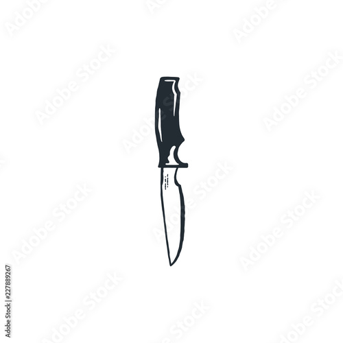Camp knife symbol. Silhouette style. Vintage hand drawn travel element, camping equipment. Stock vector isolated on white background.