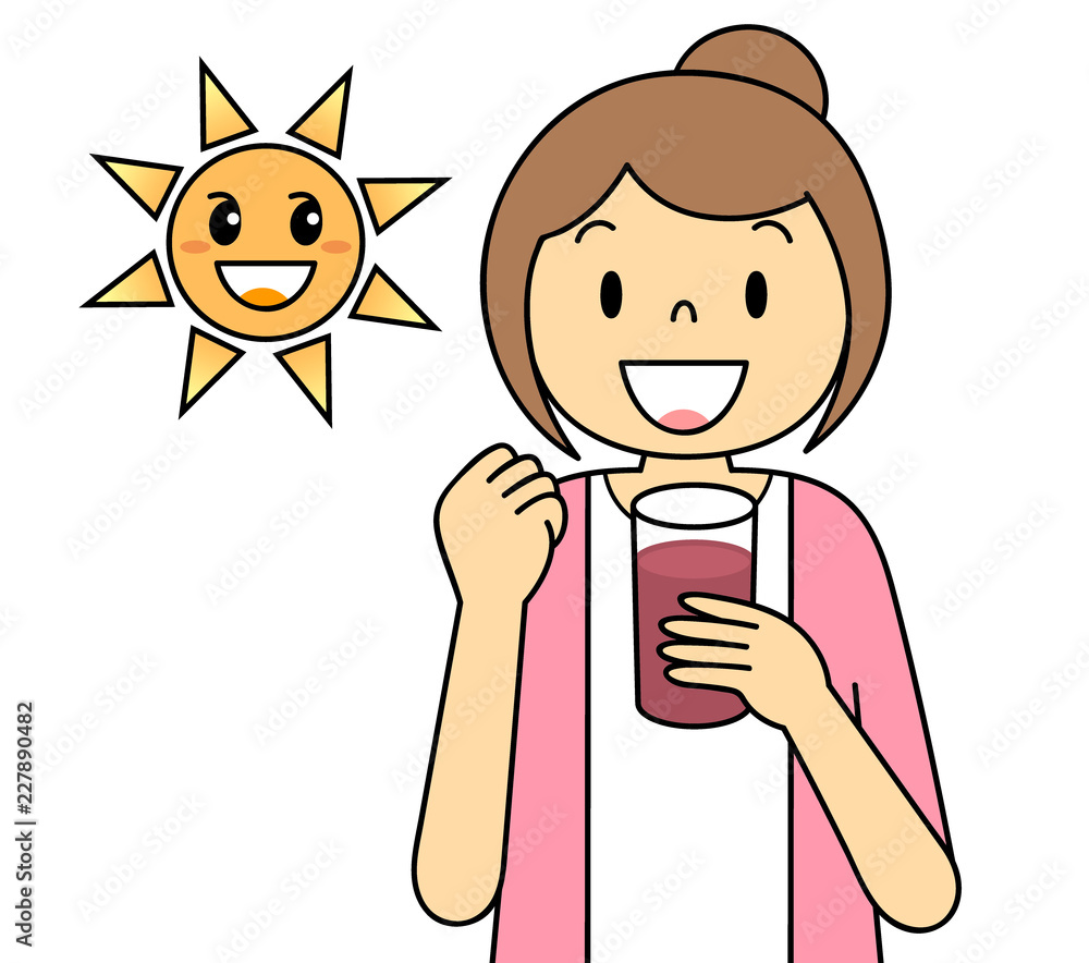 スムージーを飲む女性　ガッツポーズ　果物　太陽　紫　アサイー　トマト　ブルーベリー　いちご