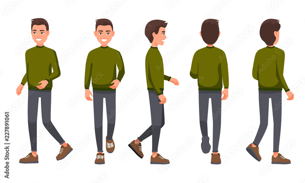 Vector illustration of walking men in casual clothes under the white  background. Cartoon realistic people set. Flat young man. Front view man,  Side view man, Back side view man, Isometric view. Stock