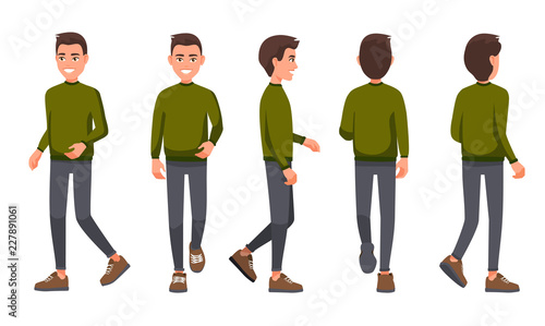 Vector illustration of walking men in casual clothes under the white background. Cartoon realistic people set. Flat young man. Front view man, Side view man, Back side view man, Isometric view. 