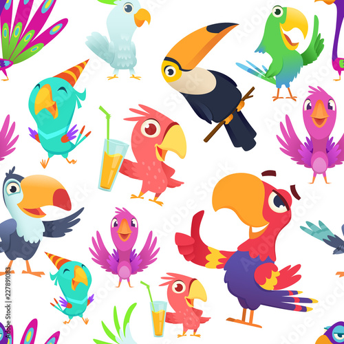 Parrots pattern. Toucan tropical colored birds summer exotic seamless vector illustrations in cartoon style. Exotic bird parrot, macaw and toucan