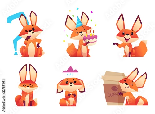 Cartoon fox characters. Orange fluffy wild animals poses and emotions zoo vector illustrations. Fox animal muzzle wicked and pensive