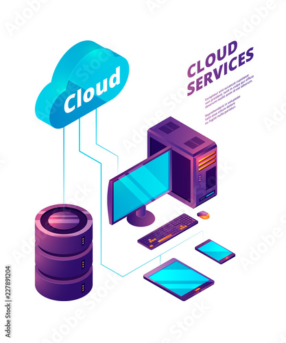 Cloud services 3d. Online safety computer technologies cloud connection gadgets pc smartphone laptop server vector isometric concept. Cloud data and database isometric computer illustration
