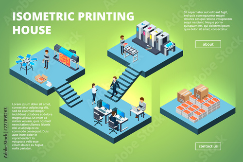 Printing house building. Industrial print production office interior inkjet offset publishing machines copier printer vector isometric. Illustration of processing multifunction printout printer