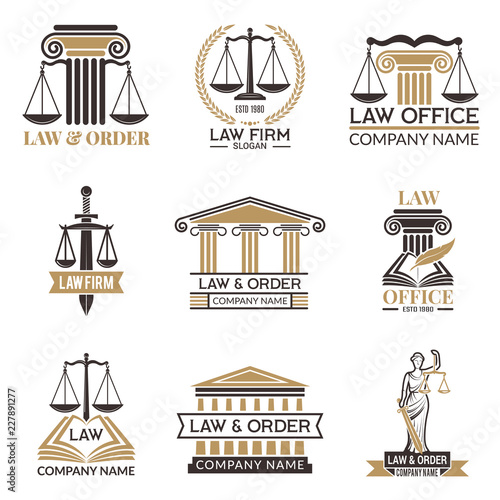 Badges of law and legal. Hammer of judge, legal code black illustrations of labels for jurisprudence. Legal notes vector pictures. Justice and lawyer, court and authority