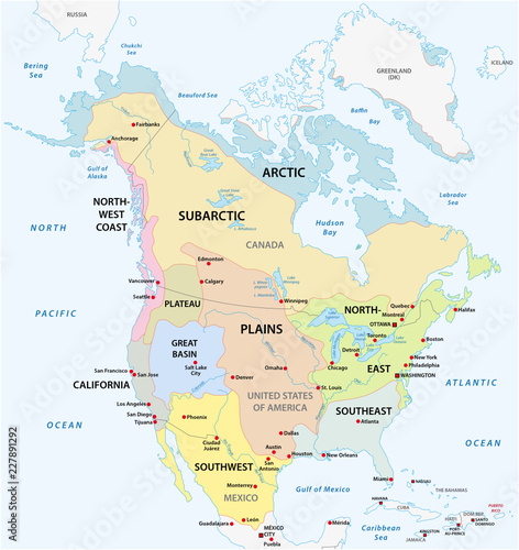 The traditional cultural areas of the North American indigenous peoples vector map