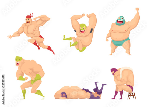 Muscular wrestler. Mma fighter in special costume mexican libre fancy luchador vector people characters isolated. Illustration of fighter man wrestling, strong man in mask